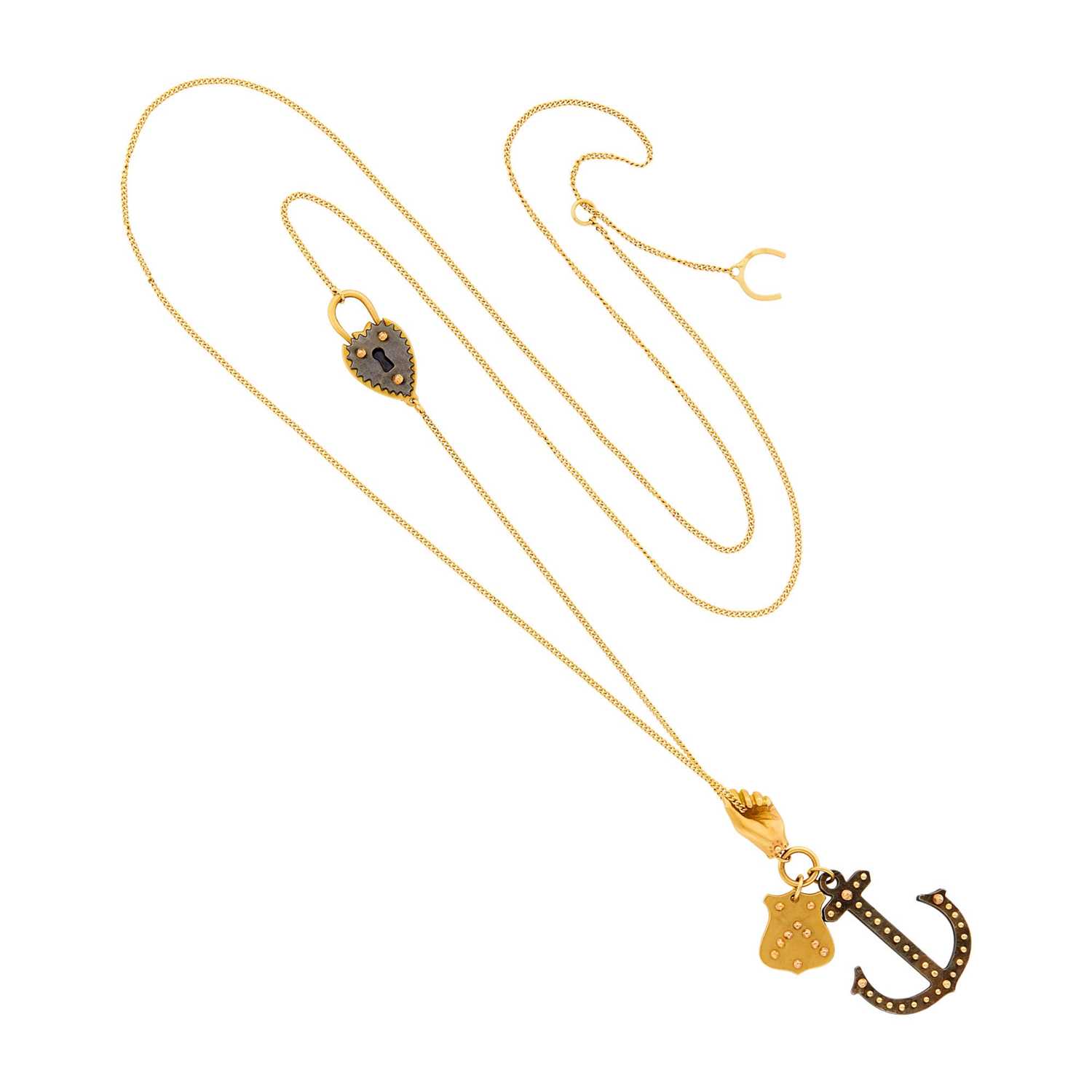 Lot 30 - Long Gold and Oxidized Silver Charm Necklace