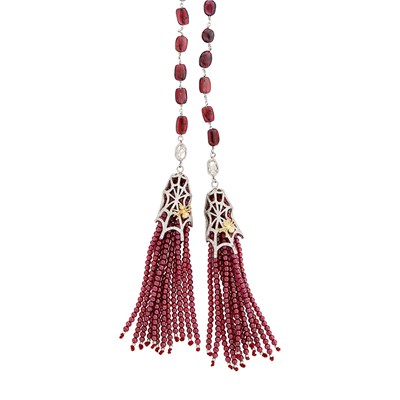 Lot 32 - Two-Color Gold, Garnet Bead, Diamond and Colored Diamond Tassel Necklace