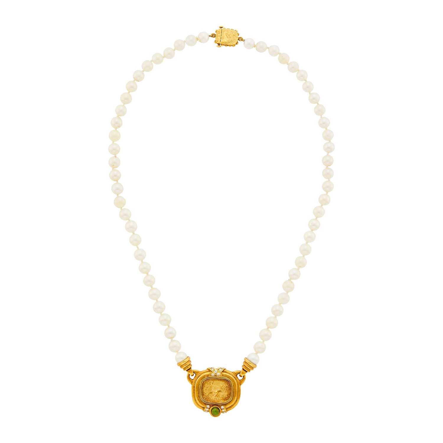 Lot 35 - Gold, Cultured Pearl, Diamond and Cabochon Tourmaline Pendant-Necklace