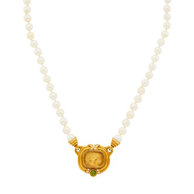Lot 35 - Gold, Cultured Pearl, Diamond and Cabochon Tourmaline Pendant-Necklace