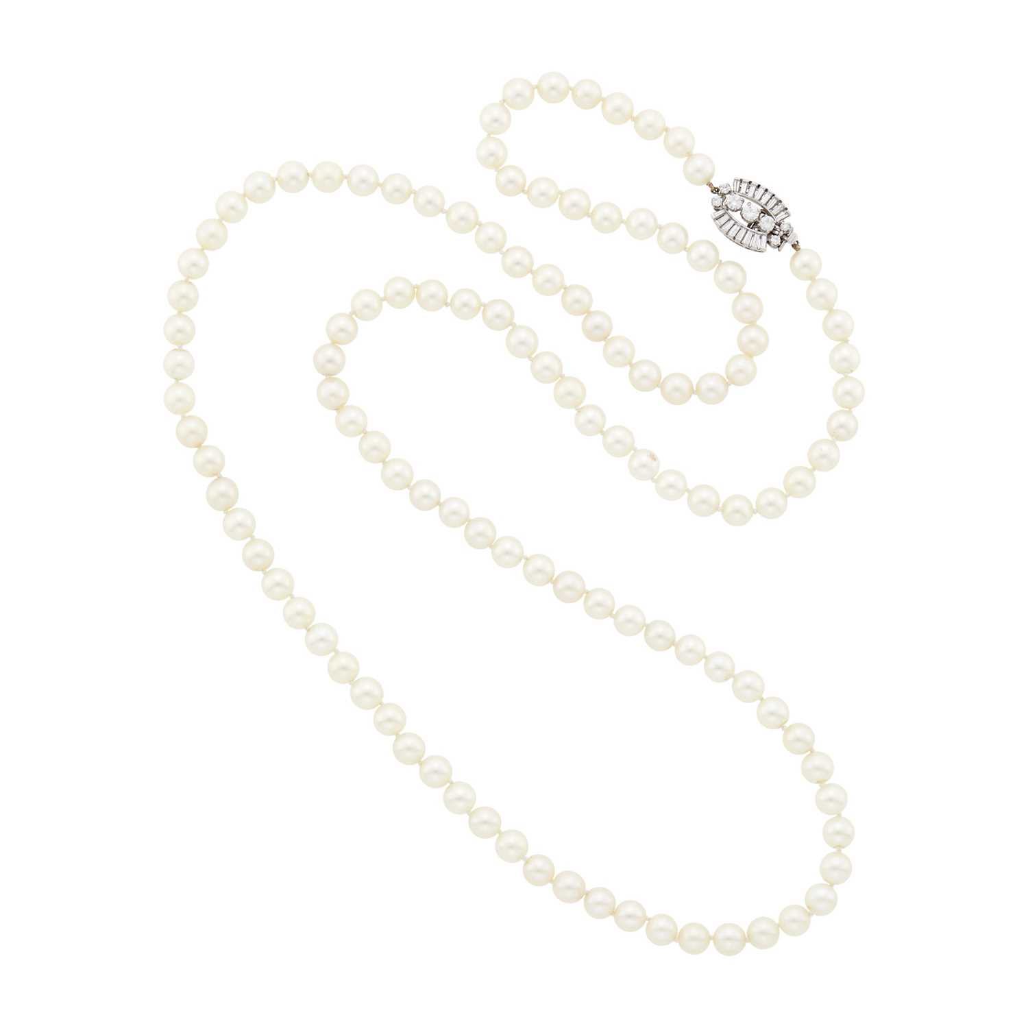 Lot 37 - Long Cultured Pearl Necklace with Platinum and Diamond Clasp