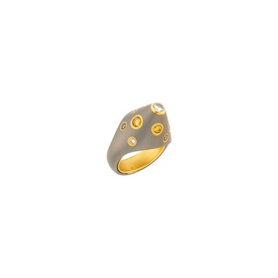 Lot 41 - Gold, Titanium, Diamond and Colored Diamond Dome Ring and Pair of Hoop Earrings