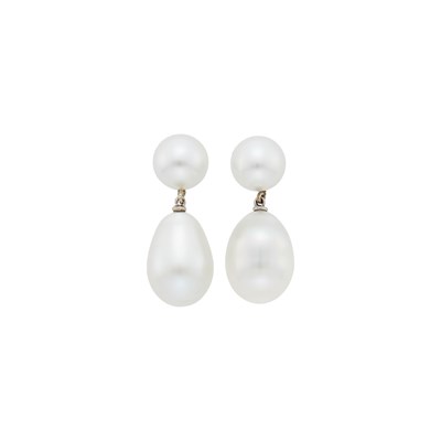 Lot 2070 - Pair of White Gold and Cultured Pearl Pendant-Earrings