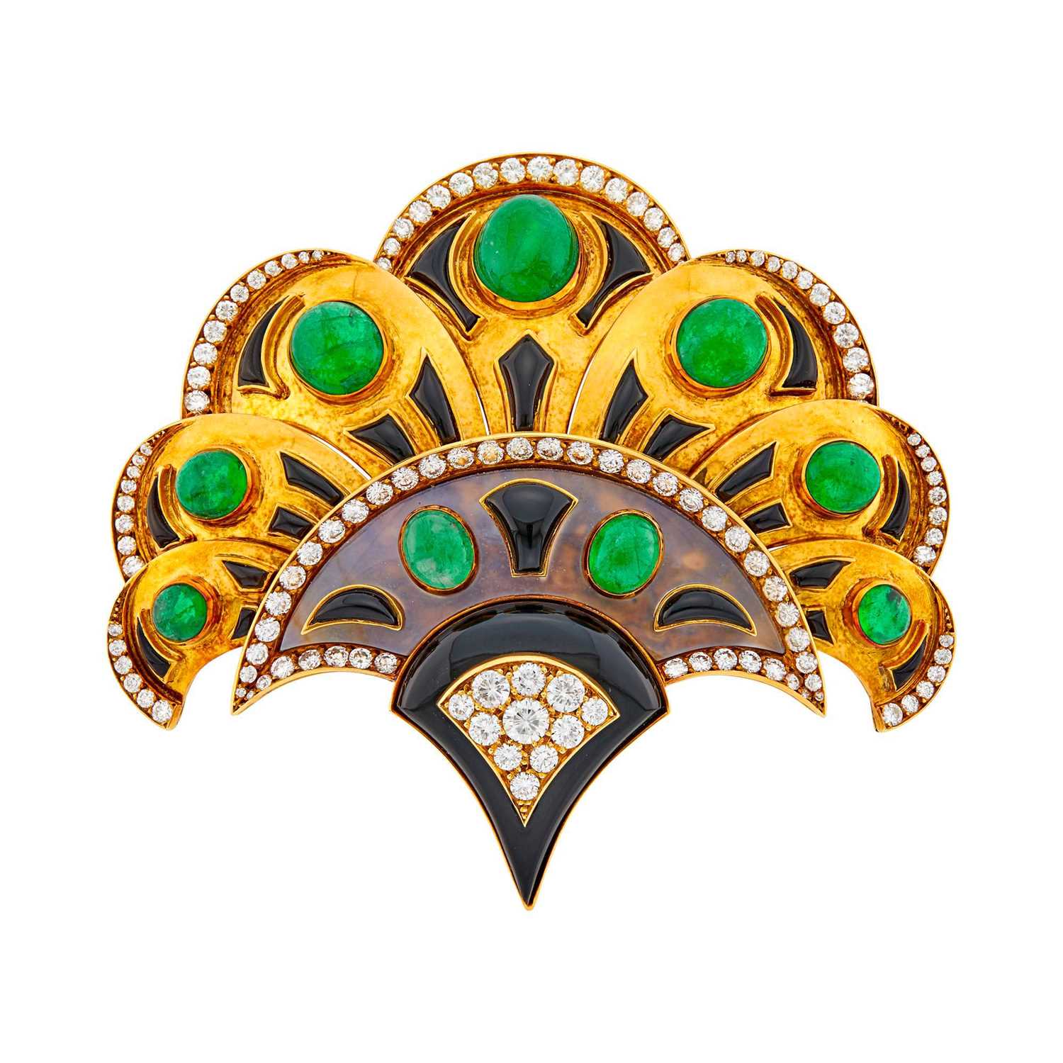 Lot 92 - Bulgari Gold, Cabochon Emerald, Diamond, Black Onyx and Chalcedony Clip-Brooch