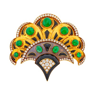 Lot 92 - Bulgari Gold, Cabochon Emerald, Diamond, Black Onyx and Chalcedony Clip-Brooch