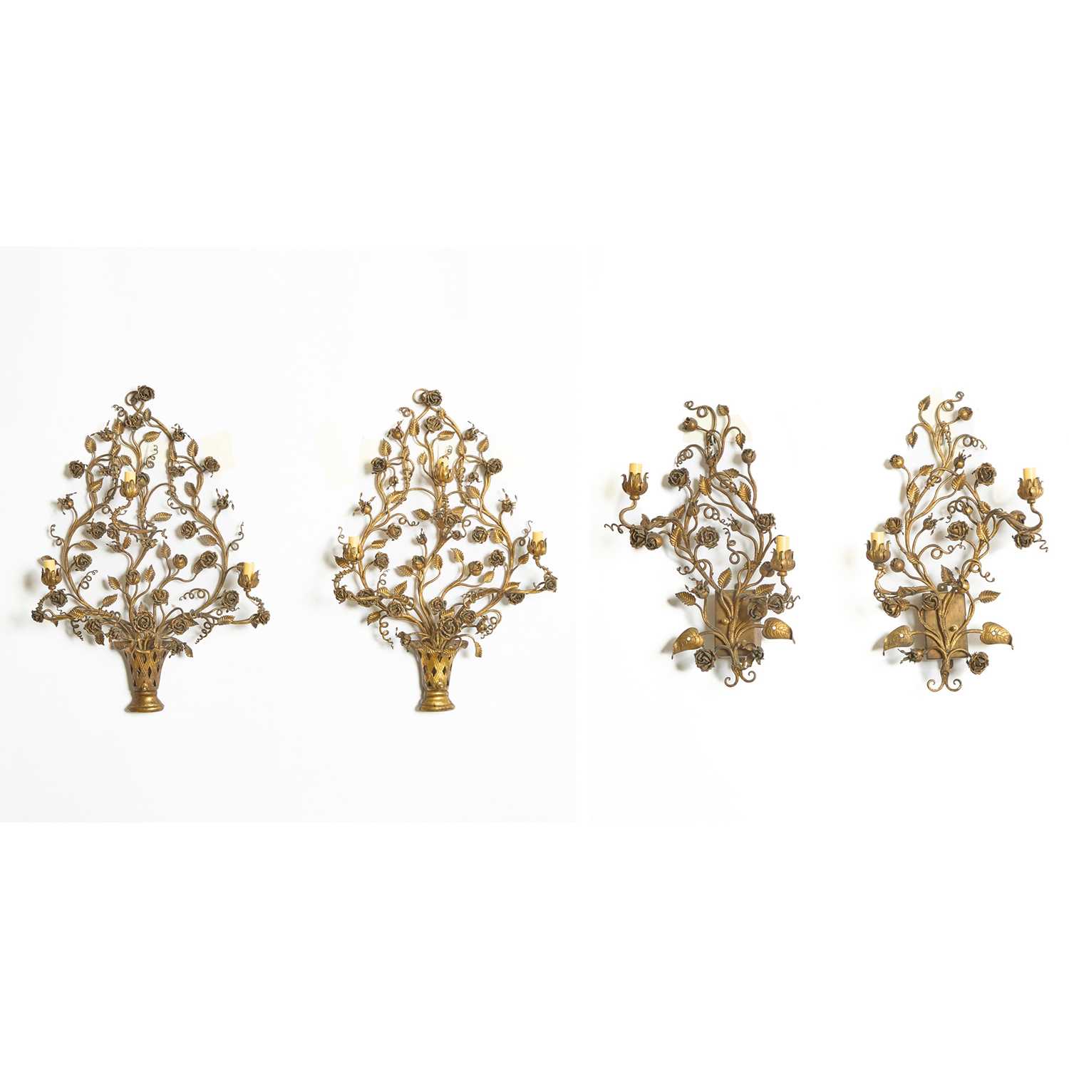 Lot 136 - Two Pairs of Italian Gilt Wrought Iron Sconces