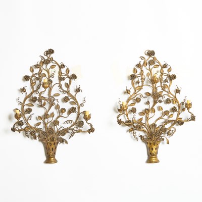 Lot 136 - Two Pairs of Italian Gilt Wrought Iron Sconces