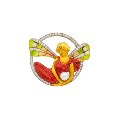 Lot 2049 - Masriera Gold, Plique-à-Jour Enamel, Cultured Pearl and Diamond 'Lunar Cradle' Pendant-Brooch