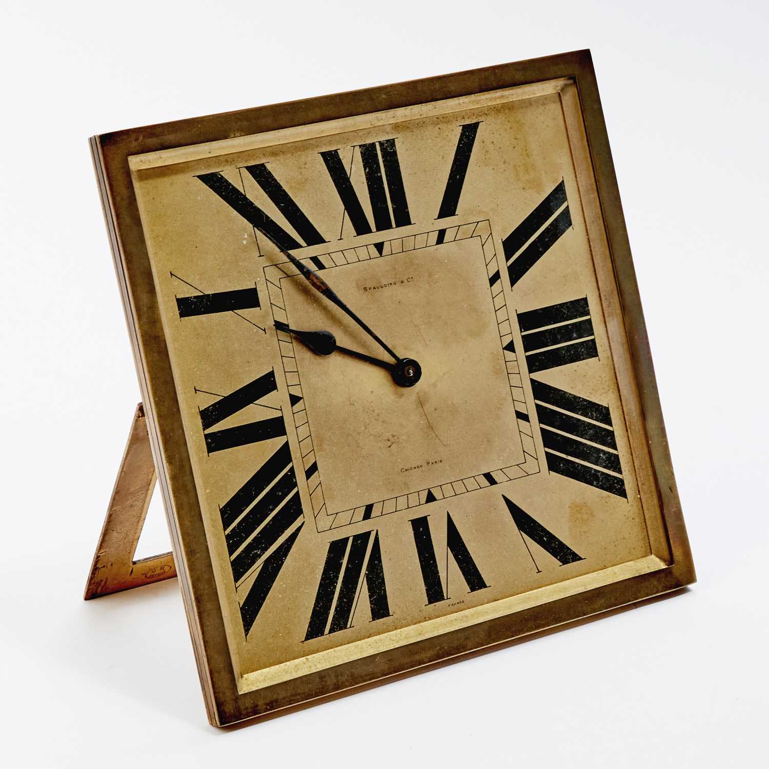 Lot 582 - Oversize French Brass Desk Clock Retailed by Spaulding & Co.