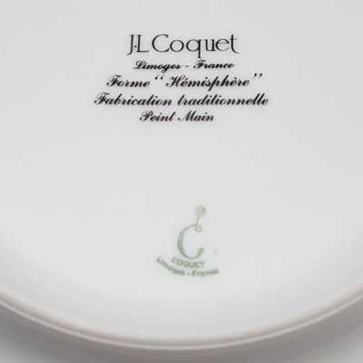 Lot 556 - Set of Sixteen J.L. Coquet Limoges Hand Painted Porcelain 'Hemisphere' Pattern Footed Dinner Plates