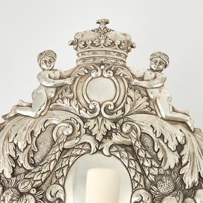 Lot 577 - Pair of Louis XIV Style Silver Plated Three-Light Wall Sconces
