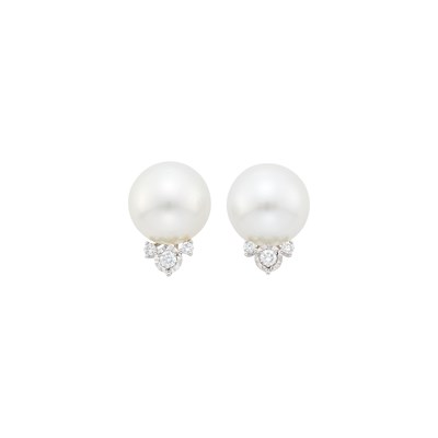 Lot 2033 - Pair of White Gold, South Sea Cultured Pearl and Diamond Earrings