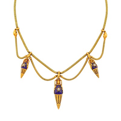 Lot 1068 - Archaeological Revival Gold, Blue Enamel and Diamond Swag Snake Chain Necklace