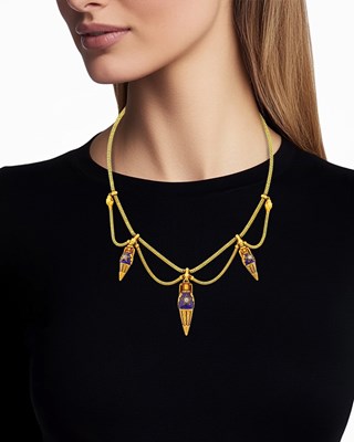 Lot 1068 - Archaeological Revival Gold, Blue Enamel and Diamond Swag Snake Chain Necklace
