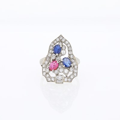 Lot 2129 - Platinum, Carved Sapphire and Ruby and Diamond Ring