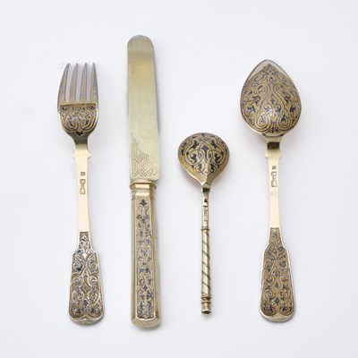 Lot 107 - Russian Silver-Gilt and Niello Dessert Flatware Service