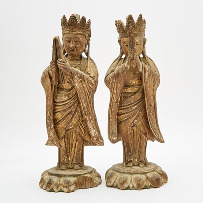 Lot 73 - A Pair of Chinese Carved Wood Figures of Bodhisattva