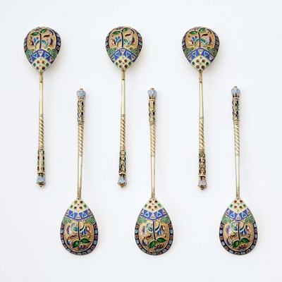 Lot 217 - Set of Six Russian Silver-Gilt and Cloisonné Enamel Spoons