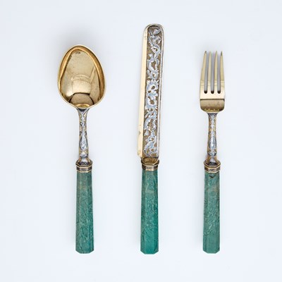 Lot 106 - Russian Silver-Gilt, Niello and Amazonite Place Setting