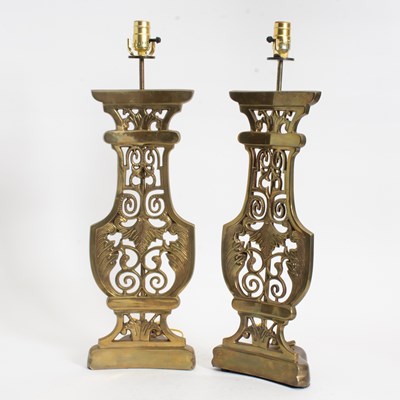 Lot 159 - Pair of Brass Flat Urn Form Table Lamps