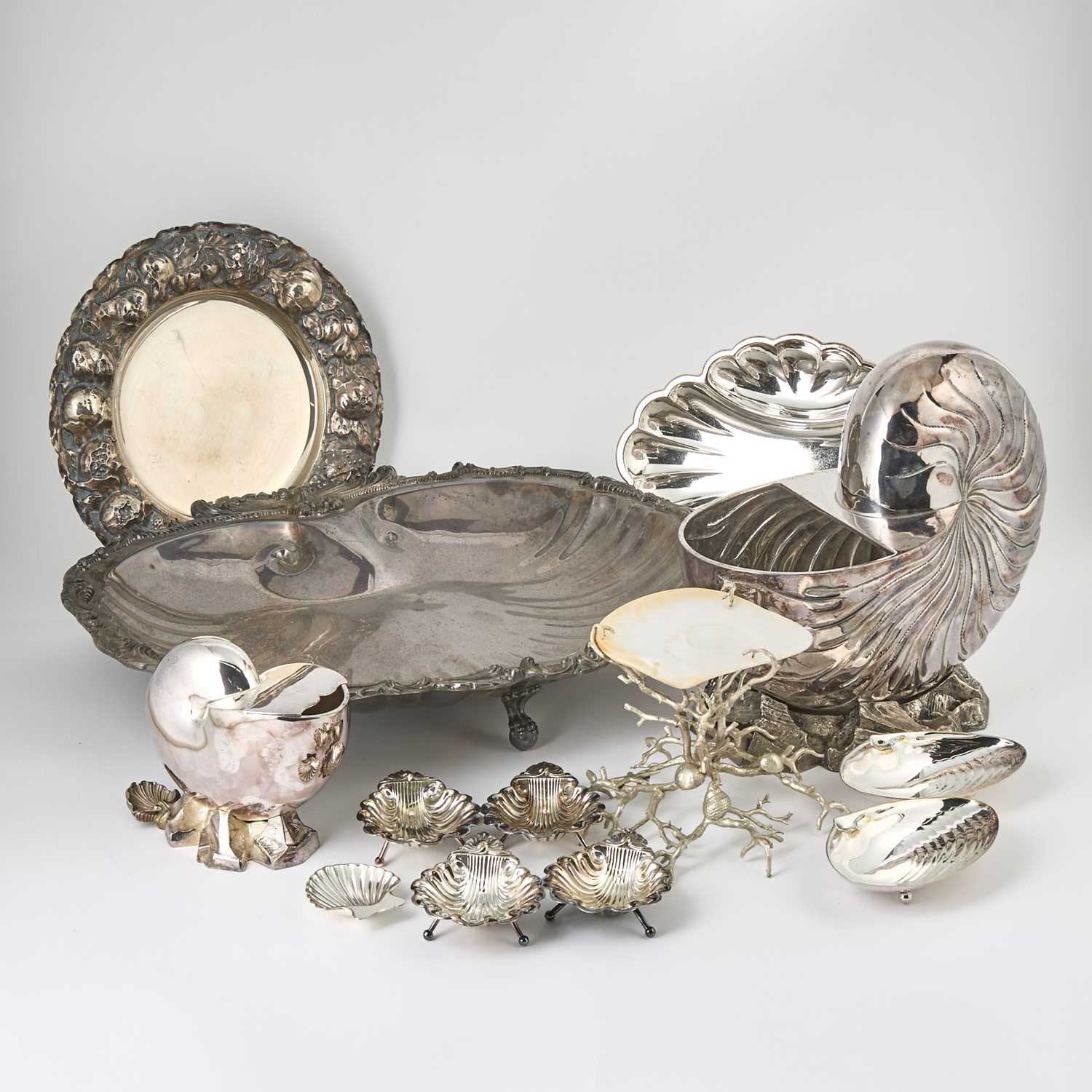 Lot 586 - Group of Silver Plated Shell-Form Table Articles