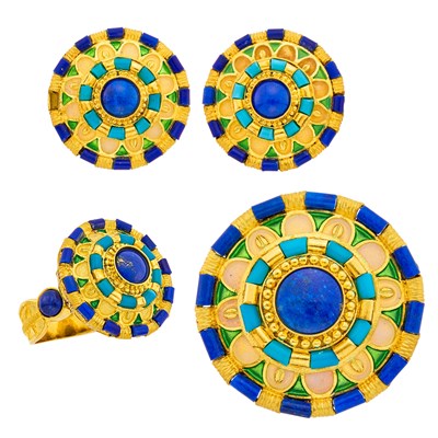 Lot 2016 - Gold, Lapis, Turquoise and Enamel Brooch, Ring and Pair of Earrings
