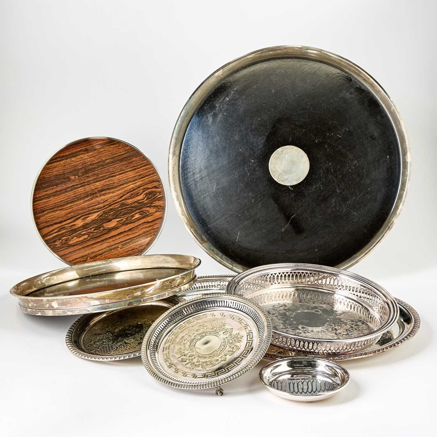Lot 525 - Two Gorham Sterling Silver and Laminate Drinks Trays and Eight Silver Plated Circular Trays