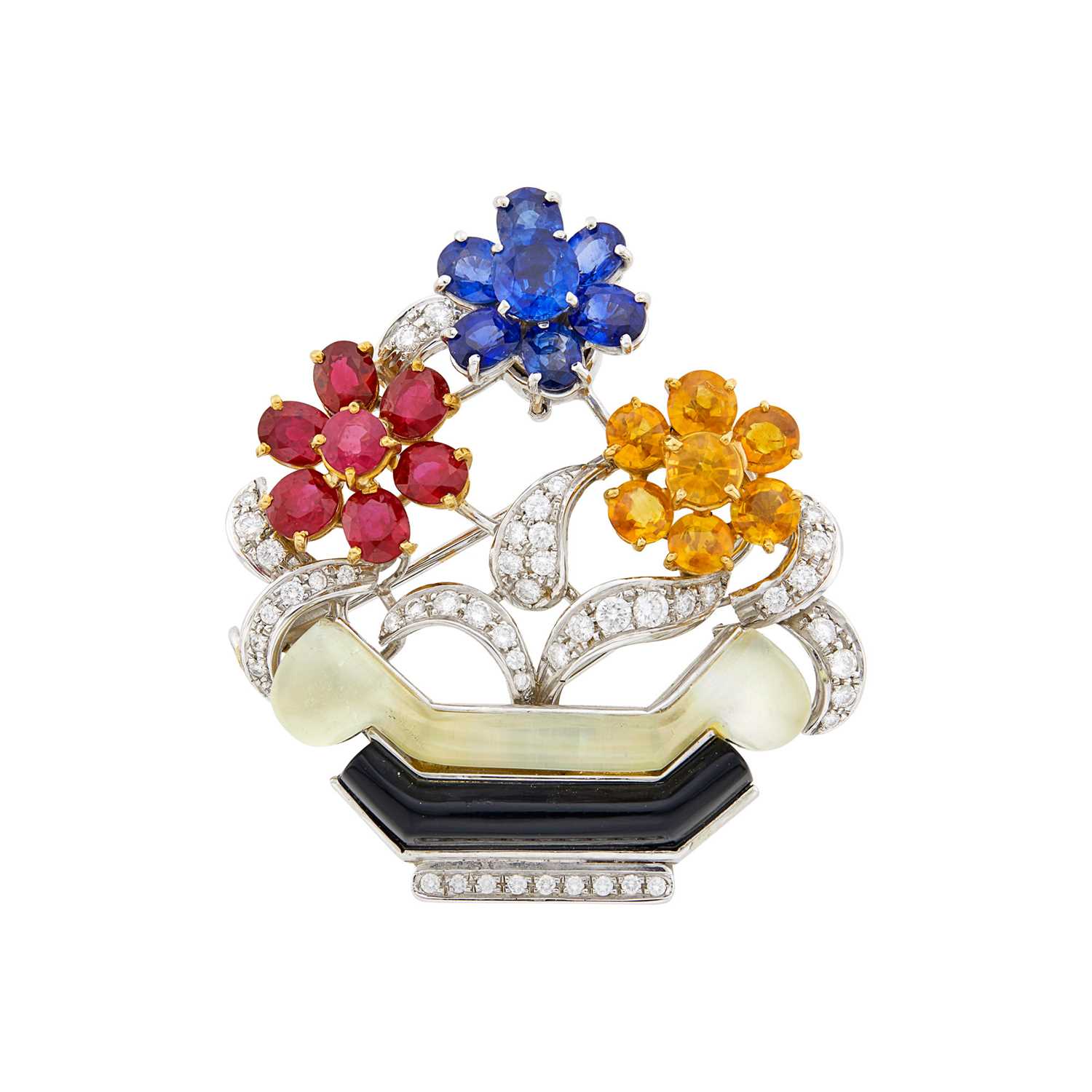 Lot 1039 - Platinum, Gem-Set, Diamond, Rock Crystal and Black Onyx 'En Tremblant' Bouquet Clip-Brooch