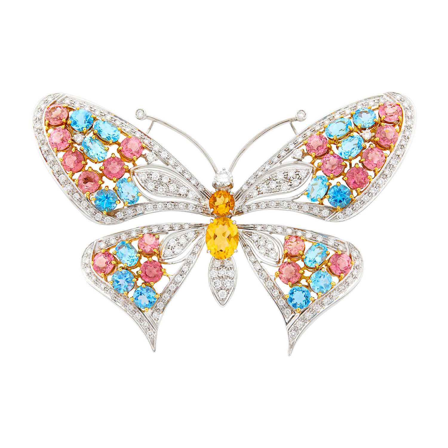 Lot 1032 - White Gold, Gem-Set and Diamond Butterfly Clip-Brooch