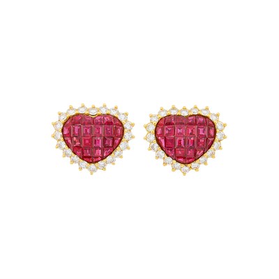Lot 2056 - Pair of Gold, Invisibly-Set Ruby and Diamond Heart Earclips