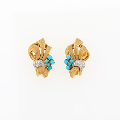 Lot 2070 - Pair of Two-Color Gold, Turquoise and Diamond Earclips