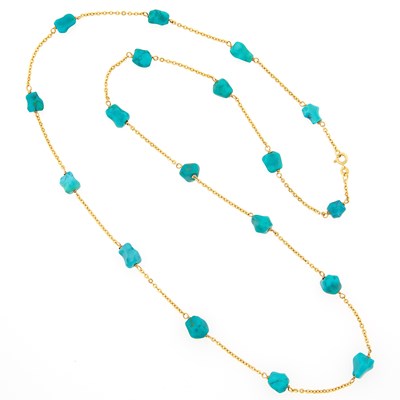 Lot 2089 - Long Gold and Tumbled Turquoise Bead Necklace
