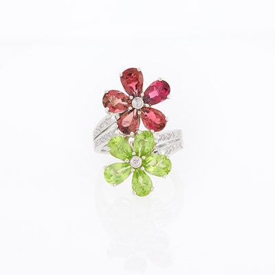 Lot 2098 - White Gold, Pink Tourmaline, Peridot and Diamond Flower Crossover Ring