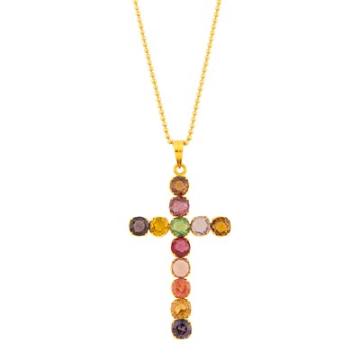 Lot 1336 - Gold and Gem-Set Cross Pendant with Chain Necklace