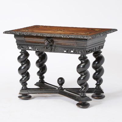 Lot 565A - Dutch Baroque Style Ebonized and Fruitwood Marquetry Inlaid Center Table, 19th Century