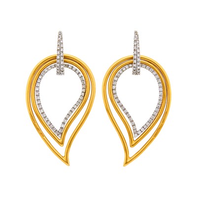 Lot 2084 - Pair of Two-Color Gold and Diamond Pendant-Earrings with Interchangeable Pendants