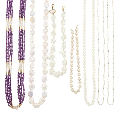 Lot 2292 - Group of Four Freshwater Baroque Cultured Pearl, Gold and Amethyst Bead Necklaces and Cultured and Imitation Pearl Fragments
