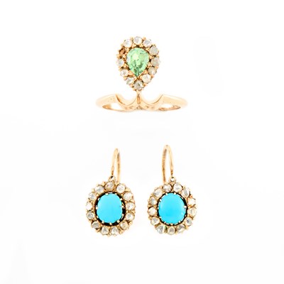 Lot 2143 - Antique Gold, Demantoid Garnet and Diamond Ring and Pair of Turquoise and Diamond Pendant-Earrings