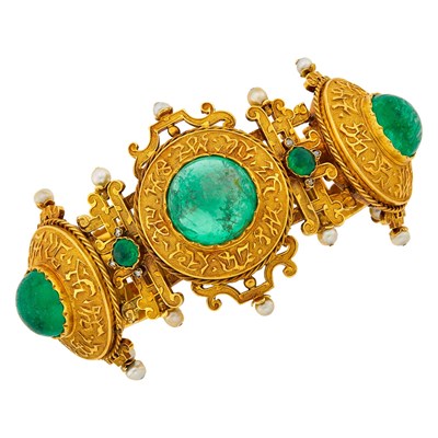 Lot 76 - Antique Gold, Cabochon Emerald, Pearl and Diamond Bracelet, France