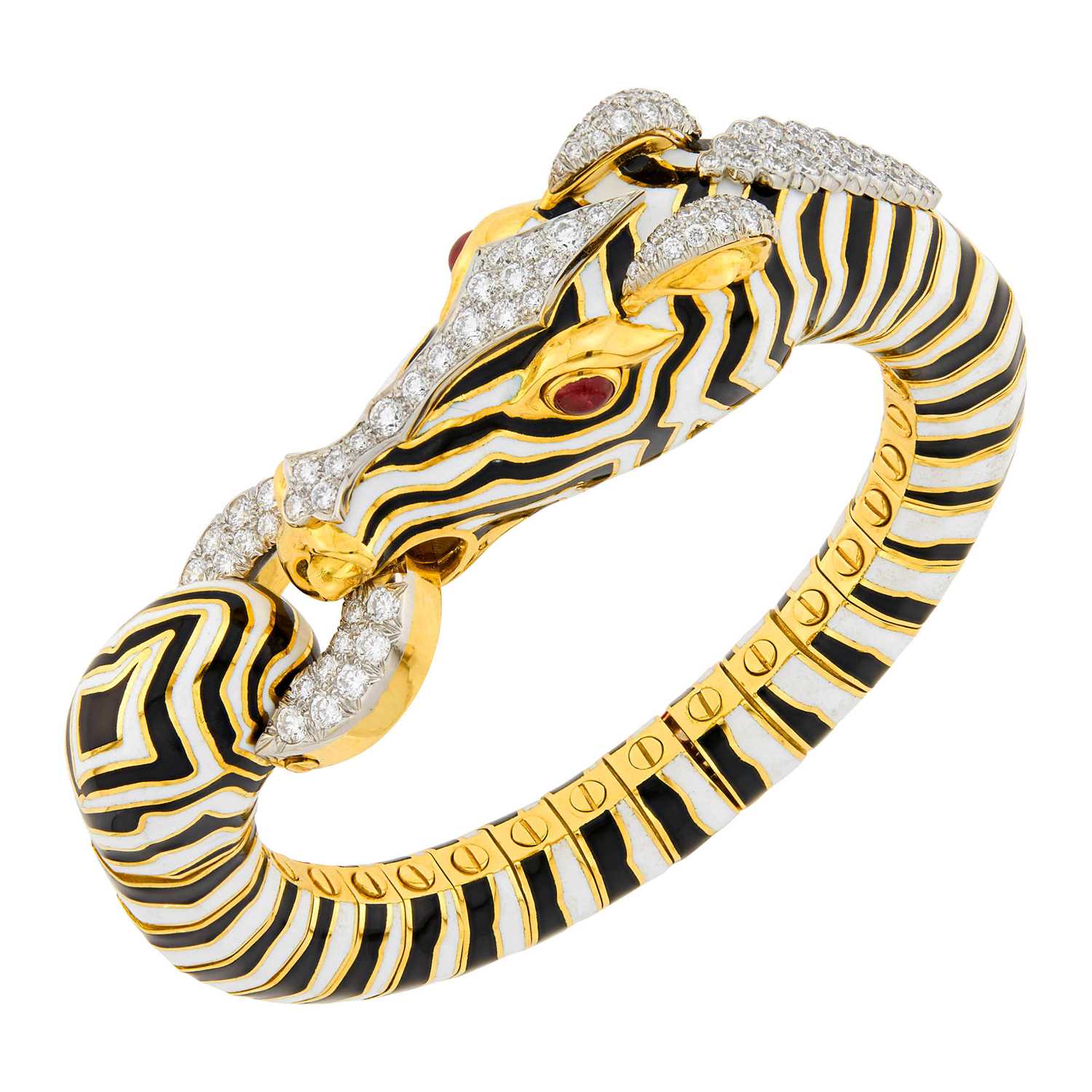 Lot 101 - David Webb Gold, Platinum, Black and White Enamel, Diamond and Cabochon Ruby Zebra Bracelet