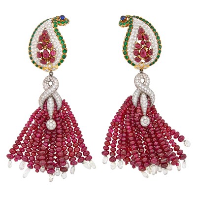 Lot 46 - Fred Leighton Pair of Gold, Platinum, Ruby Bead, Gem-Set, Diamond and Diamond Briolette Tassel Pendant-Earrings