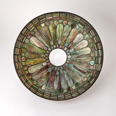 Lot 679 - Tiffany Studios Bronze and Leaded Glass 'Feather’ Table Lamp