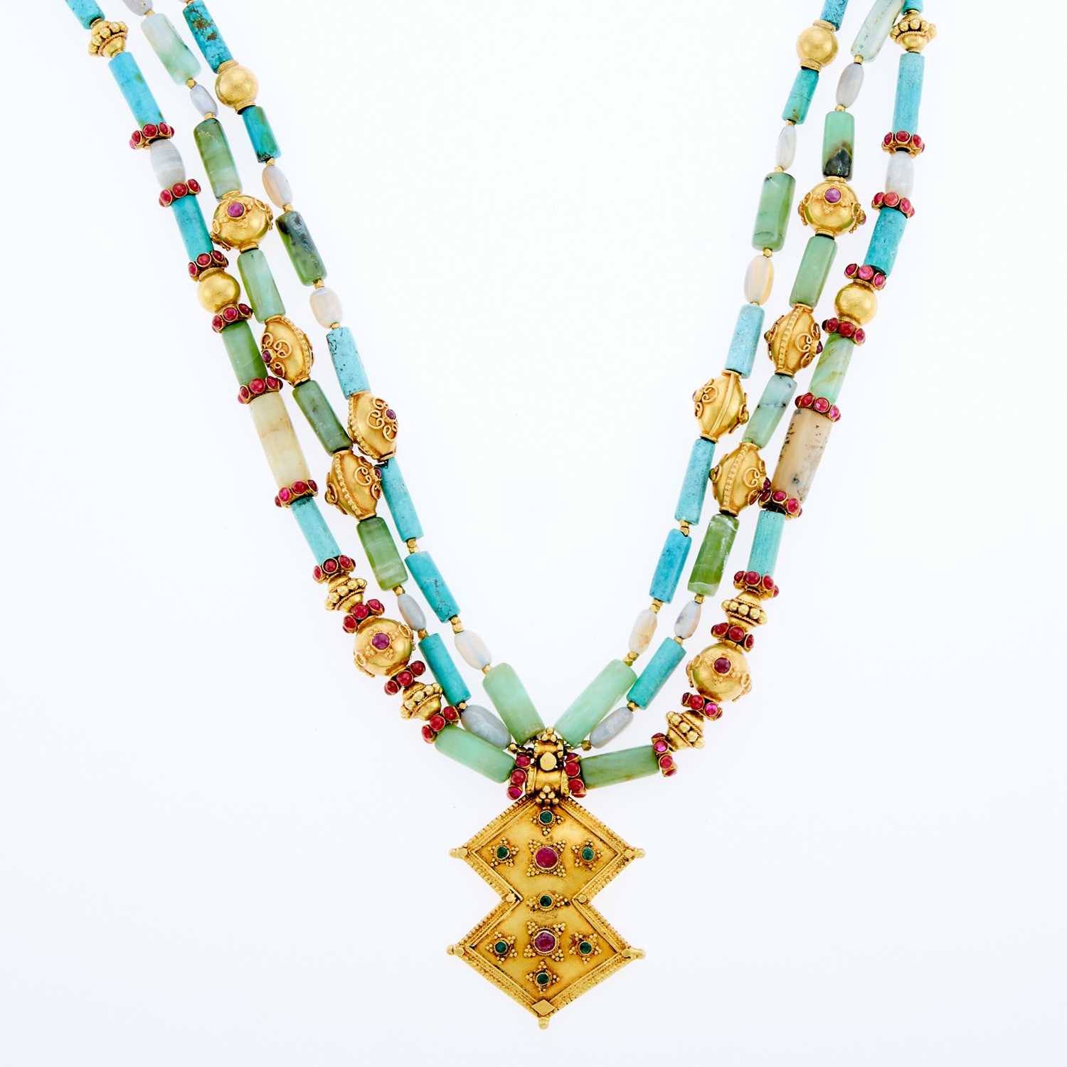 Lot 2161 - Long Indian Gold, Hardstone and Opal Bead, Ruby, Emerald and Glass Pendant-Necklace