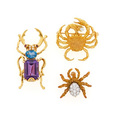 Lot 2051 - Three Gold and Gem-Set Insect and Crab Brooches