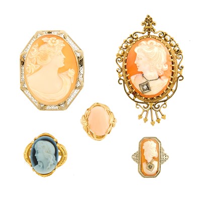 Lot 2175 - Group of Yellow and White Gold, Low Karat White Gold, Shell and Agate Cameo and Coral Jewelry
