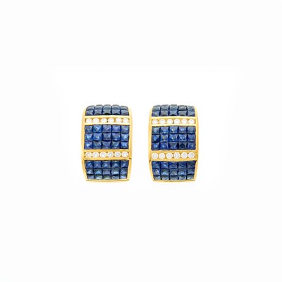 Lot 2064 - Pair of Gold, Invisibly-Set Sapphire and Diamond Earrings