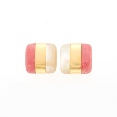 Lot 2019 - Pair of Gold, Mother-of-Pearl and Rhodochrosite Earclips
