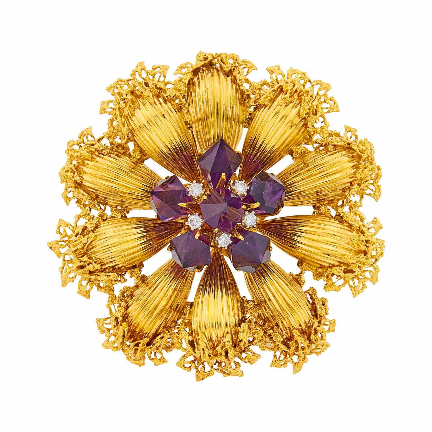 Lot 1013 - Gold, Amethyst and Diamond Clip-Brooch