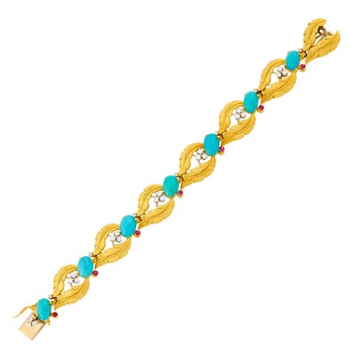 Lot 1017 - Gold, Turquoise, Diamond and Ruby Bracelet