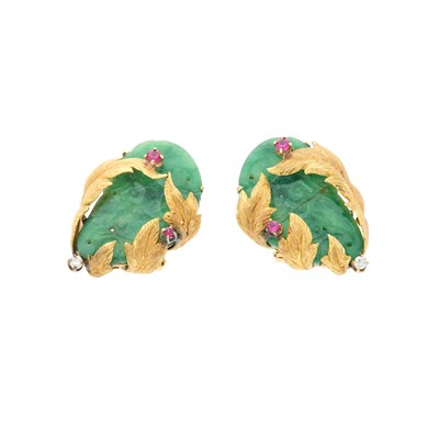 Lot 2081 - Pair of Gold, Carved Jade, Diamond and Synthetic Ruby Earclips
